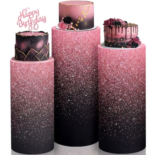 Mindsoft Set of 3 Rose Gold Glitter Spandex Cylinder Stand Covers for Party, Graduation Cylinder Pedestal Covers, Dessert Tables Display for Birthday Party Wedding Baby Shower Backdrop Decor - color: Black Pink, style: Glitter