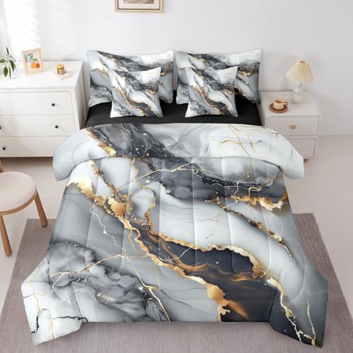 Erosebridal Marble 7 Piece Bedding Set Twin Abstract Art Comforter Set with Sheets for Kids Teen Adults,Black Grey Marbling Bed in A Bag Modern Style Rendered Marble Grain Bed Set - color: Black Grey, size: Twin