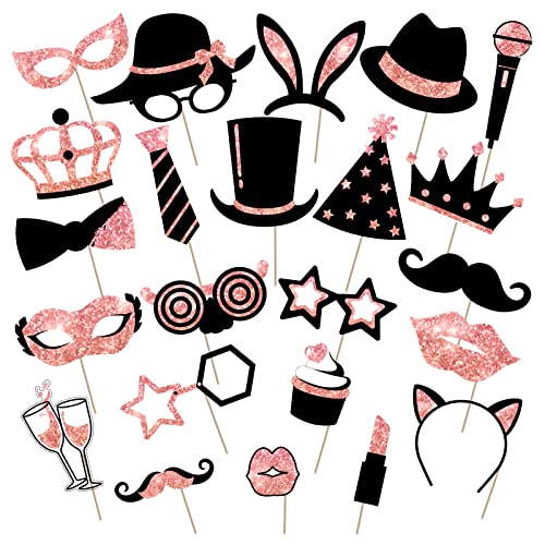 Zonon 24 Pcs Funny Photo Booth Props Class of 2026 Graduation Birthday Wedding Family Class Reunion Prom Disco Party Celebration Decoration Supplies Mix of Hats, Lipstick, Tie(Rose Golden) - color: Rose Golden