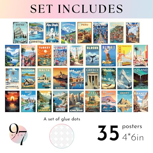 97 Decor Vintage Travel Decor - Travel Posters Wall Art Prints, Vintage Postcards from Around The World, City Landscape Aesthetic Pictures Retro Popular Cities Photo Collage Kit for Teen Bedroom (4x6) - color: Travel Poster