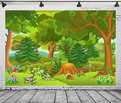 BELECO 7x5ft Fabric Cartoon Forest Backdrop Fairytale Forest with Flowers Mushroom Phtography Backdrop for Birthday Party Decoration Baby Shower Kids Game Photoshoot Photo Background Props L-0020 - size: 7x5FT