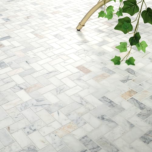 MSI Arabescato Venato White 1 in. x 2 in. Herringbone Honed Marble Mesh Mounted Mosaic Tile for Bathroom, Kitchen Backsplash, Accent Wall Tile, and Shower Wall Tile - color: Arabescato White, size: CASE