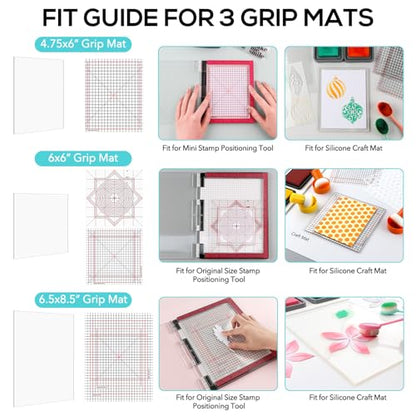 Photopolymer Grip Mat with Printed Guides for Stamping,Multi-Use Non-Slip Sticky Mats Fit in Stamp Positioning Tool for Card Making Hold Your Cardstock in Place When Stamping 4.75" x6/6x6/6.5x8.5 - color: 4.75"x6+6x6"+6.5x8.5" 3pcs Grips Mat + 8aligment