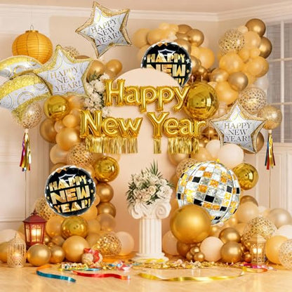 Biapian New Year Eve Balloons, 6 Pcs Huge Black and Gold Happy New Years Foil Balloons with 22 Inch Shiny Disco Ball NYE Balloon 18 Inch Round Star Balloon for 2026 New Year Party Decorations Supplies - style: New Year