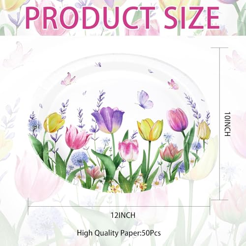 50Pcs Tulip Oval Paper Plates Large 10" x 12" Tulip Lavender Floral Plates Disposable Heavy Duty Butterfly Flower Plates for Spring Mother’s Day Wedding Bridal Shower Decor Birthday Tea Party Supplies - style: 50Pcs Tulip Oval Plates