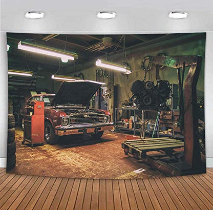 Old Garage Backdrops for Photography, 5x3FT Car Repair Backgrounds, Themed Party Portrait Photo Shooting Props MBMYLU1 - size: polyester-5x3ft