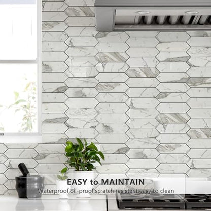 Vamos Tile Glossy Carrara White Backsplash Tile Peel and Stick, 12.8 x 12.8 Inch 10 Sheets Long Hexagon PVC Self Adhesive Mosaic Wall Tiles Stick on Backsplash for Kitchen and Bathroom - color: Glossy Carrara White