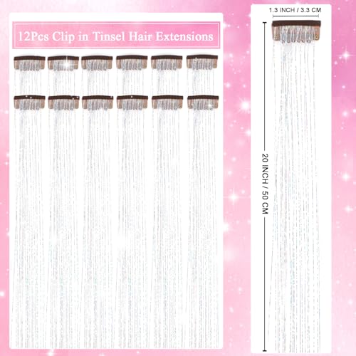 Hair Tinsel Clip in 12 Pcs Glitter Tinsel Hair Extensions 20 Inch Fairy Hair Clip in Hair Tinsel Heat Resistant Sparkly Silver Hair Accessories for Girls Women Kids (Silver) - color: Silver