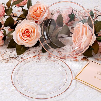 bUCLA 100PCS Clear Rose Gold Plastic Plates Disposable - Heavy Duty 6.25 Inch Clear Plastic Dessert Plates with Rose Gold Trim - Ideal for Party, Wedding & Mother's Day - color: Clear Rose Gold