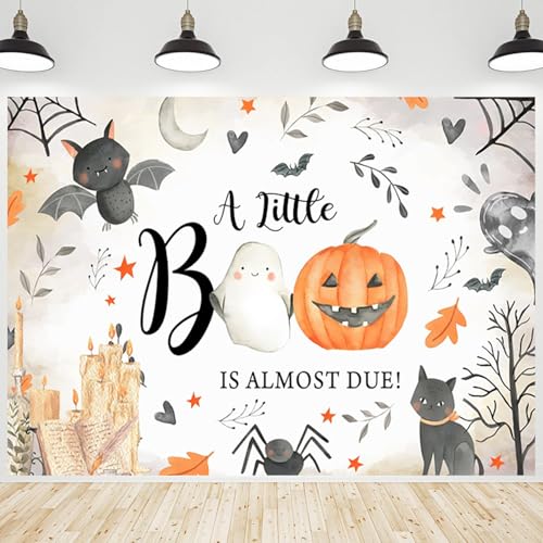 Halloween Baby Shower Backdrop A Little Boo is Almost Due Cartoon Ghost Pumpkins Bats Background Photography Banner for Newborn Birthday Party Decorations Photo Photobooth Props 12x8ft - color: Halloween Pumpkin, size: 10x6.5ft
