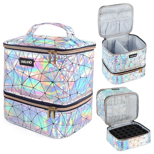 SAVILAND Nail Polish Organizer Bag: PU Leather Nail Kit Organizer Holds 30 Bottles & Nail Lamp, Holographic Nail Supply Organizer Nail Polish Holder Case Nail Organizers and Storage Box for Nail Tech - color: C-Holographic