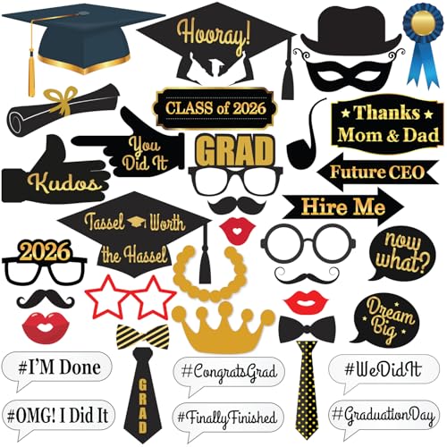 KatchOn, Graduation Photo Booth Props - Pack of 40 | Black and Gold Grad Photo Props, Graduation Decorations 2026 | Congrats Grad Props for Photoshoot 2026, Class of 2026 Decor | Grad Party Supplies