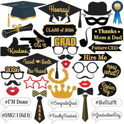 KatchOn, Graduation Photo Booth Props - Pack of 40 | Black and Gold Grad Photo Props, Graduation Decorations 2026 | Congrats Grad Props for Photoshoot 2026, Class of 2026 Decor | Grad Party Supplies
