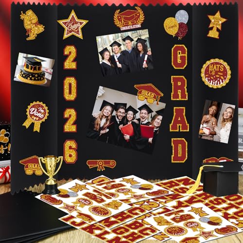 AmazingSpark 4 Sets 24 x 16 Trifold Poster Board for Graduation Photo Display Board with 12 Grad Themed Stickers for 2026 Presentation Party Decor Event Collage Frame Supplies(Red Gold) - color: Red Gold, size: 24 x 16"