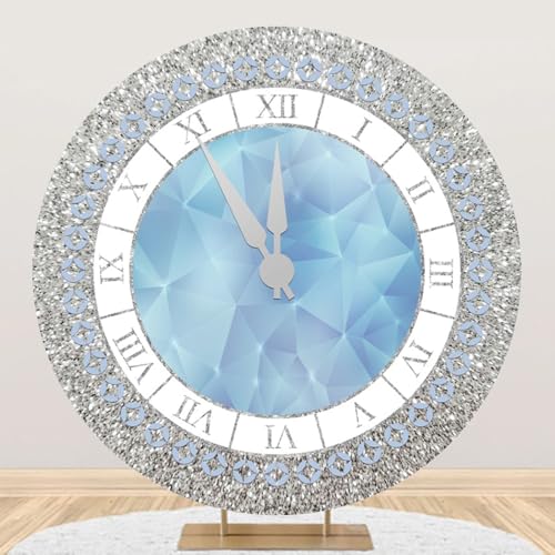 5x5ft Crystal Blue Clock Round Backdrop Cover Blue Silver Clock Circle Backdrop Background Girls Kids Newborn Baby Shower Women Birthday Party Decorations Congrats Grad Decor Studio Props - color: Crystal Blue, size: 5x5ft-Diameter