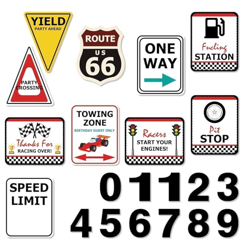 WERNNSAI Race Car Birthday Party Decorations - 10PCS Funny Car Party Signs Decorations for Boys Kids Racing Birthday Supplies Racing Cars Route 66 Sign for Birthday Anniversary Home Yard Wall Decor - style: Race Car