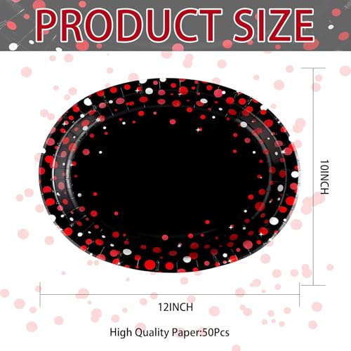 50 Pcs Black and Red Oval Plates 10" x 12" Large Graduation Party Plates Disposable Heavy Duty Red Dot on Black Paper Plates for Congrats Grad Holiday Fiesta Wedding Birthday Party Decorations - style: Black and Red Dot Oval Plates