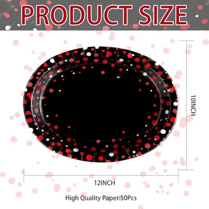 50 Pcs Black and Red Oval Plates 10" x 12" Large Graduation Party Plates Disposable Heavy Duty Red Dot on Black Paper Plates for Congrats Grad Holiday Fiesta Wedding Birthday Party Decorations - style: Black and Red Dot Oval Plates