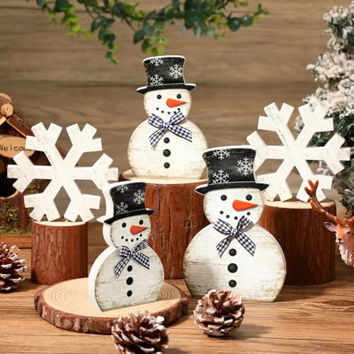 Yousoontic 5 Pcs Winter Table Decor Wooden Snowman Black and White Snowman Snowflake Tiered Tray Decor Christmas Table Centerpiece Snowflake Signs Winter Decorations for Home Kitchen Office - color: Black and White, style: Classic
