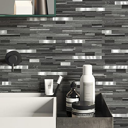 Midcard 20 Sheets Peel and Stick Backsplash, Black Grey Wood Look PVC Mixed Metal Stick on Backsplash Tiles for Kitchen - color: Black Grey Wood with Metal Silver, size: 20