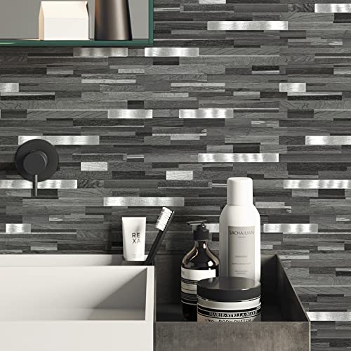 Midcard 20 Sheets Peel and Stick Backsplash, Black Grey Wood Look PVC Mixed Metal Stick on Backsplash Tiles for Kitchen - color: Black Grey Wood with Metal Silver, size: 20