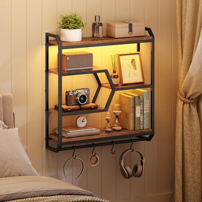 HOOBRO 27.5" Floating Shelf with LED Lights, Gaming LED Wall Mounted Shelf with Hanging Rod & 4 S-Hooks, 4-Tier Hanging Display Rack, for Living Room, Gaming Room, Rustic Brown and Black BF71DBJ01 - color: Rustic Brown + Black
