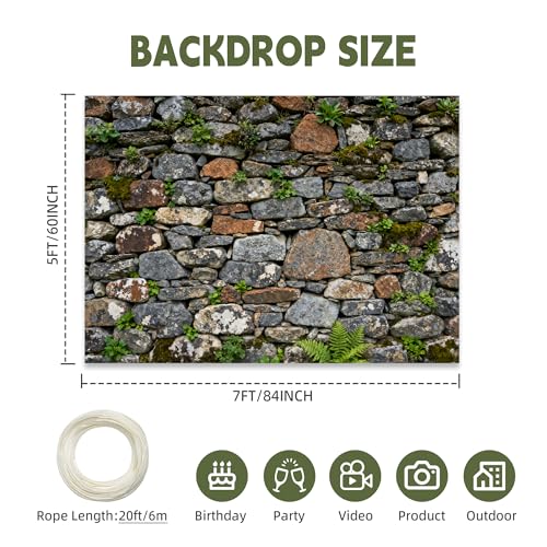 7x5ft Fabric Vintage Brick Stone Wall Backdrop Stone Wall Greenery Banner for Photo Background Wedding Kids Birthday Photo Studio Vinyl Prop - color: stone wall backdrop, size: 7x5ft