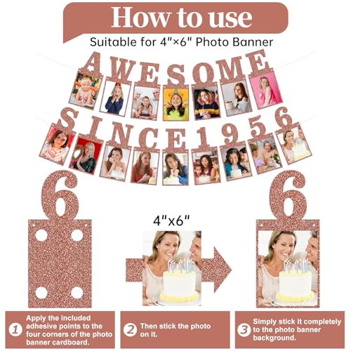 Pre-strung Awesome Since 1956 Photo Banner Birthday Decorations for Women- Pink Rose Gold Glitter 70th Birthday and Anniversary Decorations Party Supplies - style: Pink Rose Gold 70th
