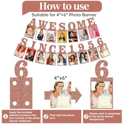 Pre-strung Awesome Since 1956 Photo Banner Birthday Decorations for Women- Pink Rose Gold Glitter 70th Birthday and Anniversary Decorations Party Supplies - style: Pink Rose Gold 70th
