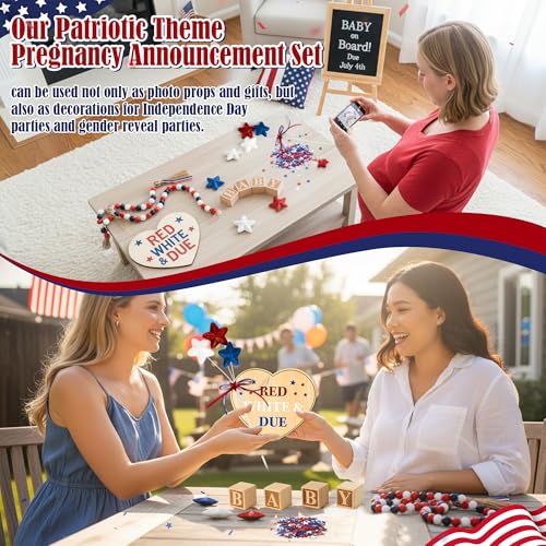 11Pcs Pregnancy Announcement Set 4th of July Baby Coming Soon Announcements Ideas Include Red White & Due Wooden Sign Star Beads Garland Red White Blue Pregnancy Reveal Photo Prop for Independence Day - color: Red White Blue