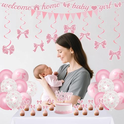 Welcome Home Baby Girl Decorations - 42 Pcs Pink Bow Baby Shower Decoration Banners Hanging Swirls Large Cake Topper Cupcakes Triangle Flag Balloons for Girls Baby Party Photo Props Decor Supplies