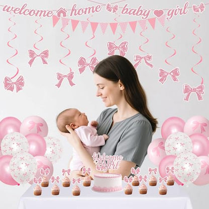 Welcome Home Baby Girl Decorations - 42 Pcs Pink Bow Baby Shower Decoration Banners Hanging Swirls Large Cake Topper Cupcakes Triangle Flag Balloons for Girls Baby Party Photo Props Decor Supplies