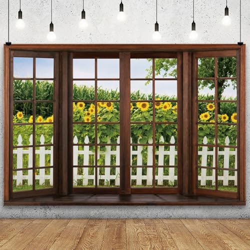 YongFoto 8x6ft Spring Window Scenery Backdrop Sunflowers Garden Rustic Fence Nature Landscape Photography Background Girl Woman Birthday Party Baby Shower Kids Adults Portrait Photo Studio Props - color: Green 4, size: 8x6ft