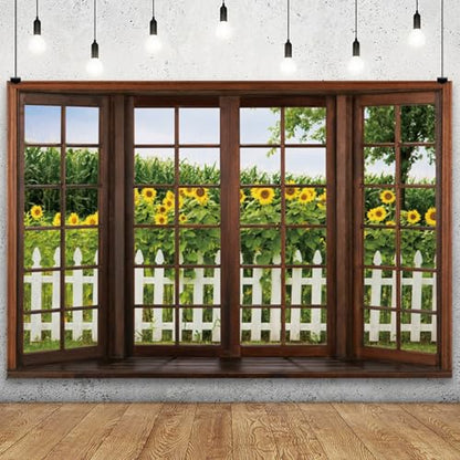 YongFoto 8x6ft Spring Window Scenery Backdrop Sunflowers Garden Rustic Fence Nature Landscape Photography Background Girl Woman Birthday Party Baby Shower Kids Adults Portrait Photo Studio Props - color: Green 4, size: 8x6ft