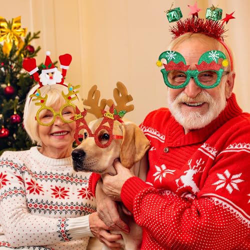 24 Pieces Christmas Headbands and Glasses Frames Bundle Set, Christmas Party Favors, Cute Eyeglasses Headwear Set with Santa Hat, Snowman, Tree Designs, Christams Party Supplies, Decor, Photo Props - style: 24 Pcs