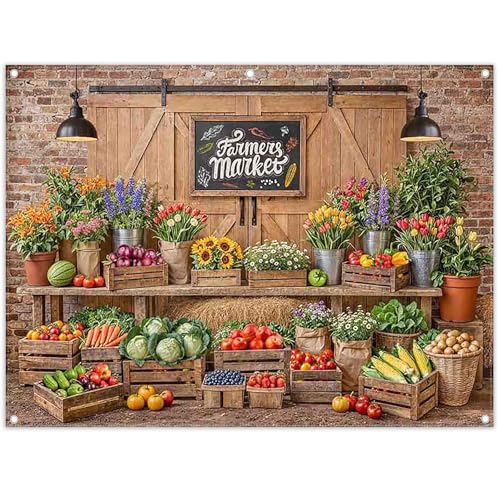 8x6ft Fabric Farmers Market Backdrop Fresh Vegetables Flowers Wooden Barn Spring Photography Background Baby Shower Birthday Party Decorations Photo Banner Props - size: 8'x6'