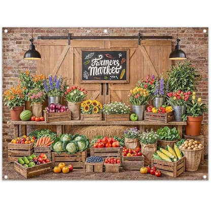 8x6ft Fabric Farmers Market Backdrop Fresh Vegetables Flowers Wooden Barn Spring Photography Background Baby Shower Birthday Party Decorations Photo Banner Props - size: 8'x6'