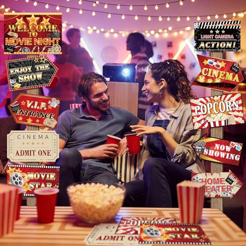 Hooqict 20 Pieces Movie Night Decorations Movie Themed Party Directional Signs for Cinema Welcome Now Showing Theater Film Birthday Party Decorations Supplies - style: Movie