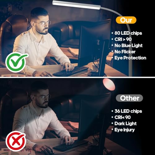 LED Desk Lamp with Clamp, Eye-Protection Clip on Desk Lamp, 5 Modes 10 Brightness Adjustment, 360°Flexible Gooseneck Lamp for Home Office, Lamps with USB Adapter，White - color: Plus.-White