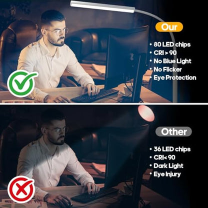 LED Desk Lamp with Clamp, Eye-Protection Clip on Desk Lamp, 5 Modes 10 Brightness Adjustment, 360°Flexible Gooseneck Lamp for Home Office, Lamps with USB Adapter，White - color: Plus.-White