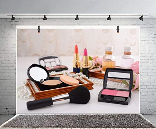 Leyiyi 12x8ft Photography Backdrop Dresser Table Backdrop Make-up Vlogger Products Henna Party Lipstick Eyeshadow Brush Blusher Pearl Necklace Bridal Shower Blogger Photo Portrait Vinyl Studio Prop - size: 12x8ft