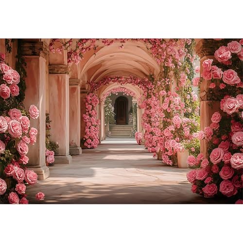 5x3ft Pink Flowers Backdrops for Photoshoot Rose Arch Corridor European Carving Wall Photo Background for Women Bridal Shower Birthday Marriage Valentines Mothers Day Backdrop Decorations - color: pink, size: 5x3ft