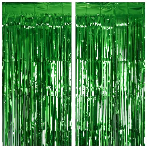 2 Pack Green Tinsel Curtain Party Backdrop, 3.2Ft x 8.2Ft Metallic Tinsel Foil Fringe Curtains Photo Booth Props Background for Christmas St Patrick’s Day Safari Tropical Bachelorette Decorations - color: Metallic Gren
