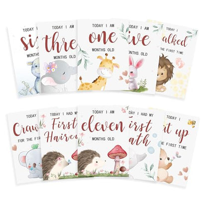 Baby Milestone Cards, 10pcs Double Sided Newborn Photo Prop, First Words, Haircut & More, First Year Monthly Milestone Cards, Jungle Safari Pregnancy Announcement Ideas Decor Supplies(04) - style: Jungle Safari