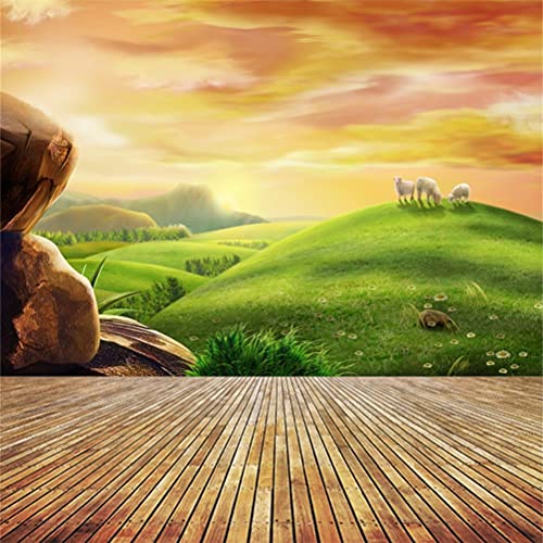 AOFOTO Photography Girl Background 10x10ft Backdrop Dreamy Pastoral Scenery Cartoon Painting Rosy Clouds Sheep Grass Hillside Wood Floor Photo Shoot Studio Props Video Artistic Portrait - size: 10x10ft