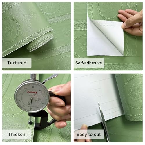 JiffDiff Wallpaper Peel and Stick Textured,3D Embossed Wall Paper Stick on Wallpaper Modern Waterproof Self Adhesive Contact Paper(17.3" x 120") - color: Green, size: 17.3" x 120"