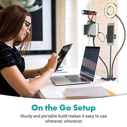 Movo Selfie Makeup Tutorial Ultimate Kit with Desk Clamp, 2 Cell Phone Mounts for Camera and Teleprompter, LED Ring Light & Video Vlog Microphone + Grip - Compatible with iPhone, Android Smartphones