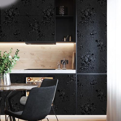 Erfoni Black Peel and Stick Wallpaper Black Floral Embossed Contact Paper 17.7inch×393.7inch Removable Textured Flower Wallpaper Self Adhesive Thicken Accent Wall Countertops Wall Paper - color: Black, size: 17.7" x 394"
