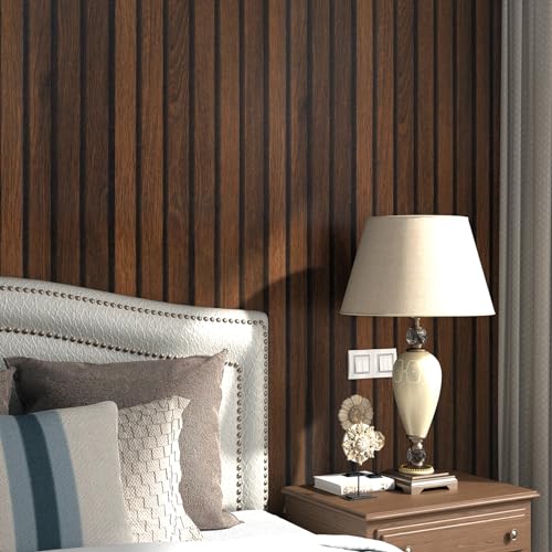 LACHEERY 15.8"x276" Brown Slat Wood Peel and Stick Wallpaper Dark Wood Panel Wallpaper Removable Self Adhesive Wooden Slats Wallpaper Wood Contact Paper for Bedroom Living Room Walls Waterproof Vinyl - color: Dark Brown, size: 15.8" x 276"