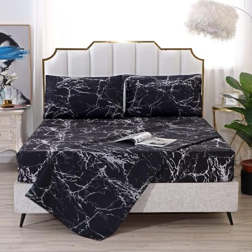 MAG Black Marble, Super Soft Microfiber Bed Sheet 4PC, Marble Bedding Sheet Set Included 1 Fitted Sheet with 2 Pillowcases, 14 Inches Deep (Full, Black) - color: Black-marble, size: Full